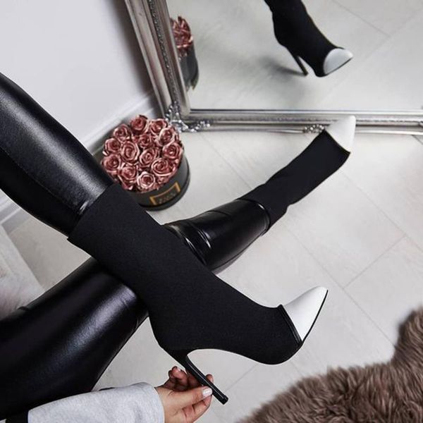 

boots 2021 fashion luxury women 11.5cm high heels fetish silk sock stiletto ankle scarpins prom pointy spring shoes, Black