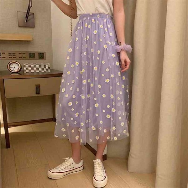 

summer daisy print purple skirt female long high-waisted a- line elastic street wear 210529, Black