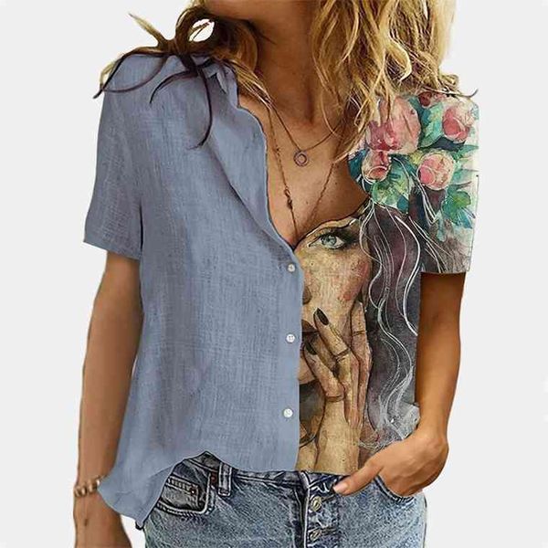 

vintage women patchwork button short sleeve blouse summer casual loose office femme plus size 3xl cats printed shirt blusa, White