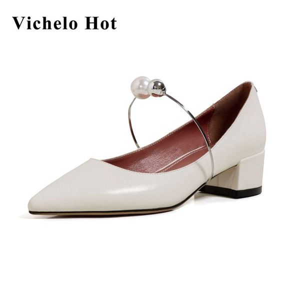 

vichelo 2021 arrival big size natural leather pointed toe med heel pearl decoration beauty lady dating women pumps l59 dress shoes, Black