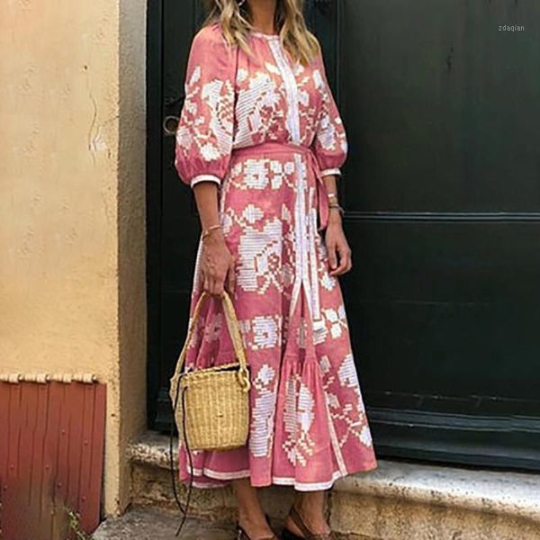 

casual dresses women o-neck floral print dress summer autumn long sleeve maxi boho fashion sashes party vestidos#g3, Black;gray