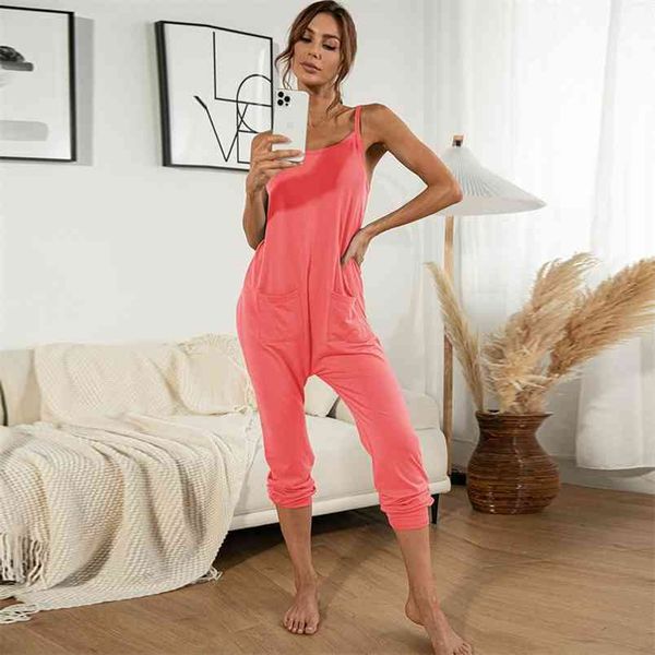 Bayan Kolsuz Dungarees Tulum Yaz Tulumlar Rahat Katı Kapalı Omuz Gevşek Cep Tulum Bayanlar Siyah Uzun Playsuits 210522