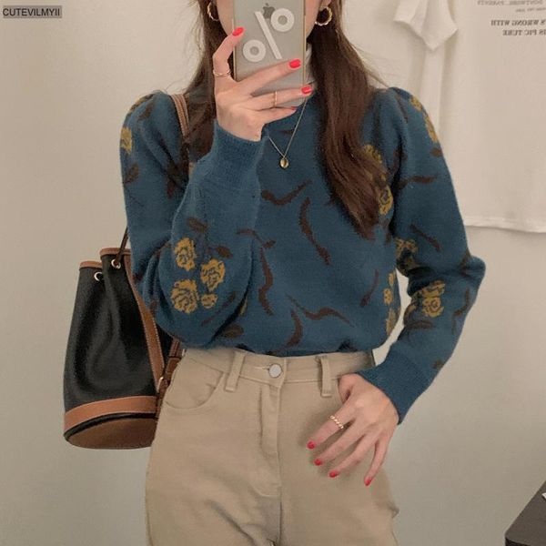 

women's sweaters 2021 women o neck warm long sleeves floral printing casual cute sweet girls autumn winter pullovers, White;black