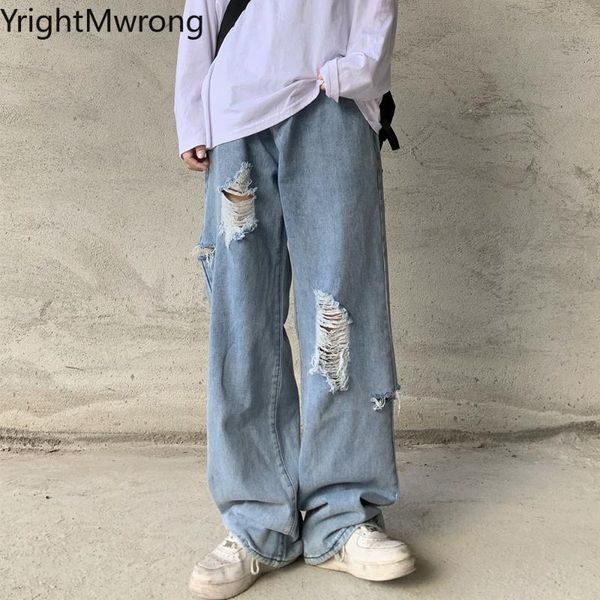 

men's jeans loose straight leg fashion casual blue ripped hole denim pant trouser streetwear woman man japanese baggy harajuku hip hop