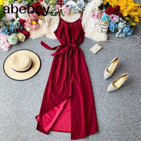 

spaghetti strap bandage dress summer party midi long women casual elegant split tunic beach holiday dresses 210715, Black;gray