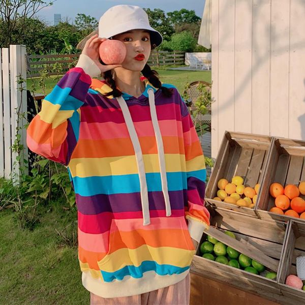 

women's hoodies & sweatshirts 2021 rainbow thin sweetshirts women for spring autumn kawaii korean long sleeve students pullover lady c, Black