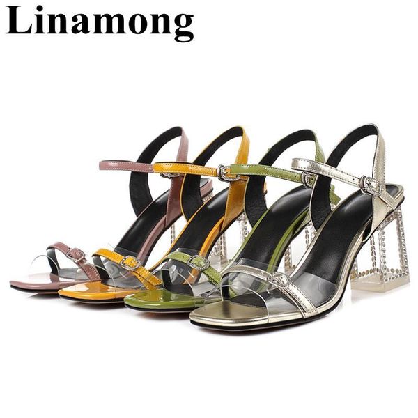 

est sample fashion pvc transparent heel crystal decoration buckle square high and open summer women sandals, Black