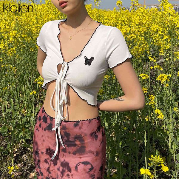 

t shirt kalien summer fashion hollow out bandage slim white rib knit short sleeve t shirt women new office lady street wear top