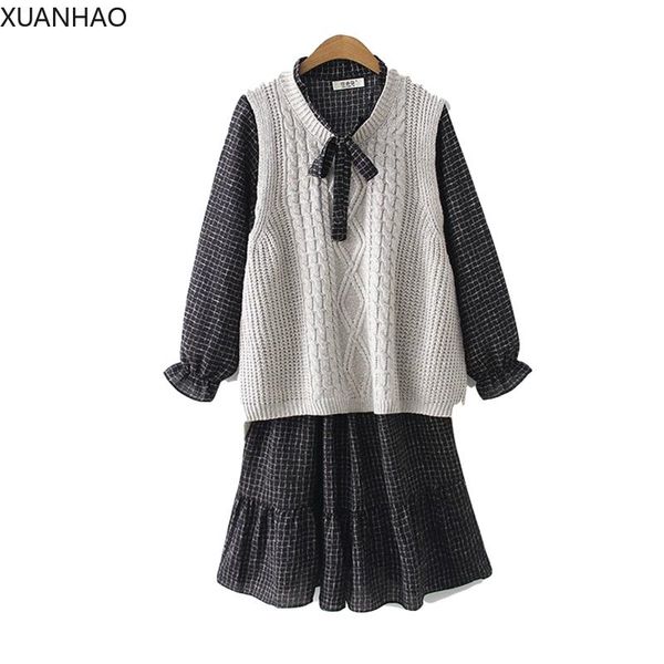 

women's sets lace up a-line plaid dress and solid sleeveless knitted tanks for femme 2021 women two piece set clothing, White