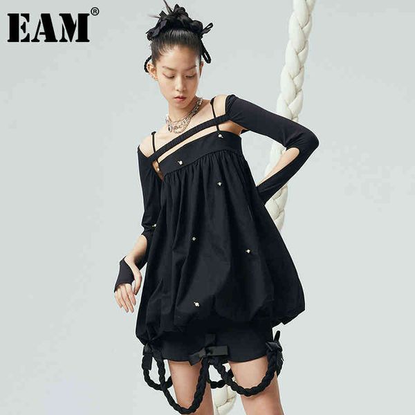 

[eam] women black dobby pleated elegant dress strapless spaghetti strap loose fit fashion spring summer 1dd7468 21512, Black;gray