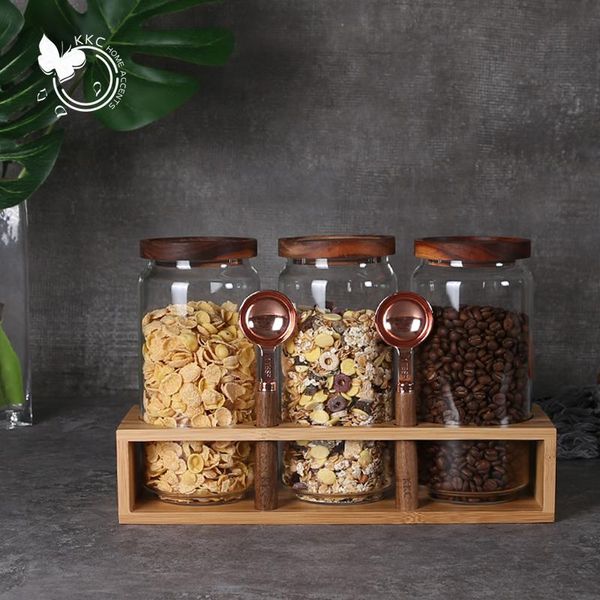 

storage bottles & jars kkc borosilicate glass container with wooden lid, sugar bowl, sealed bowl spoon, 1150ml, 3 pieces