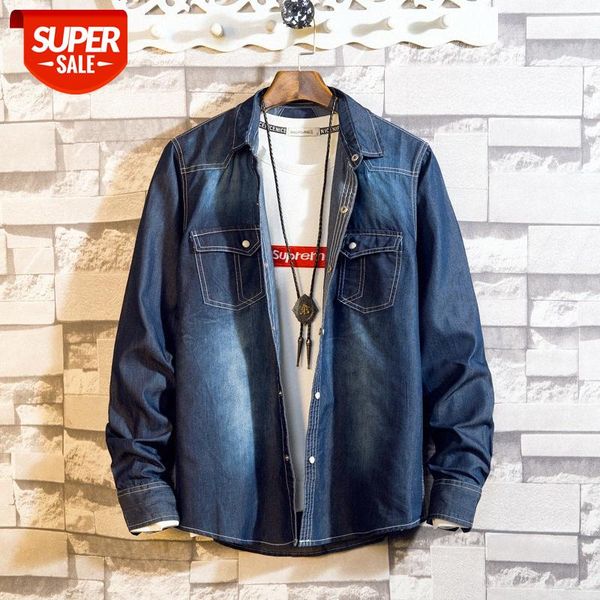 

denim long-sleeved shirt men spring washed old #mm2u, White;black