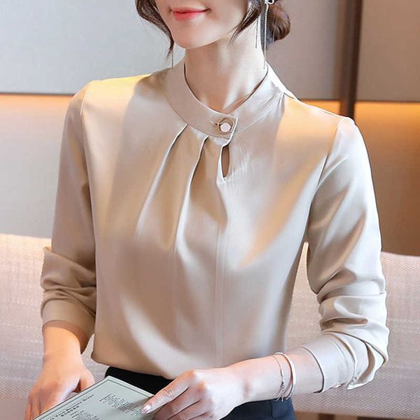 

autumn long sleeve blouse women blusas mujer de moda stand collar chiffon blouse shirt women blouses shirts blusa d643 210602, White