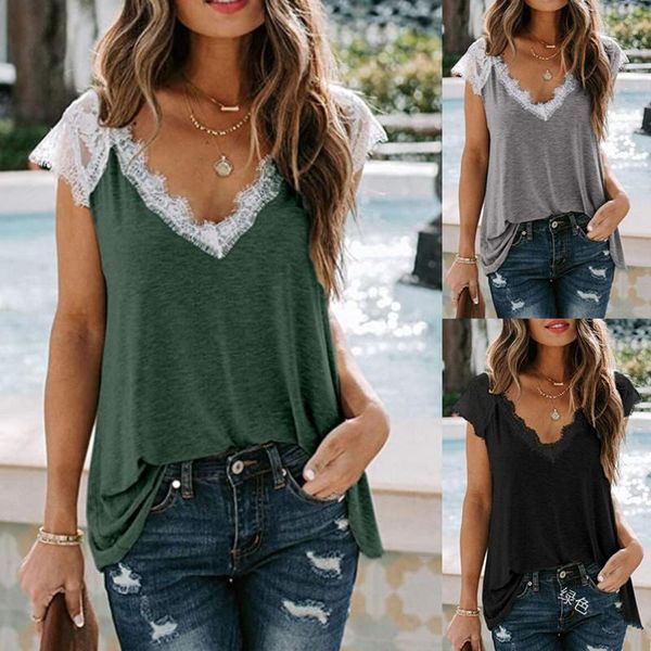 

women's t-shirt leosoxs summer fashion deep v neck t shirt casual short sleeve lace spile patch work loose ladies basic, White