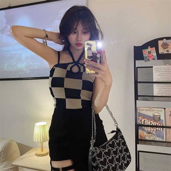 

women's tanks & camis 2021 summer clothing knitting plaid halterneck hollow korean version of the girl crop top, White