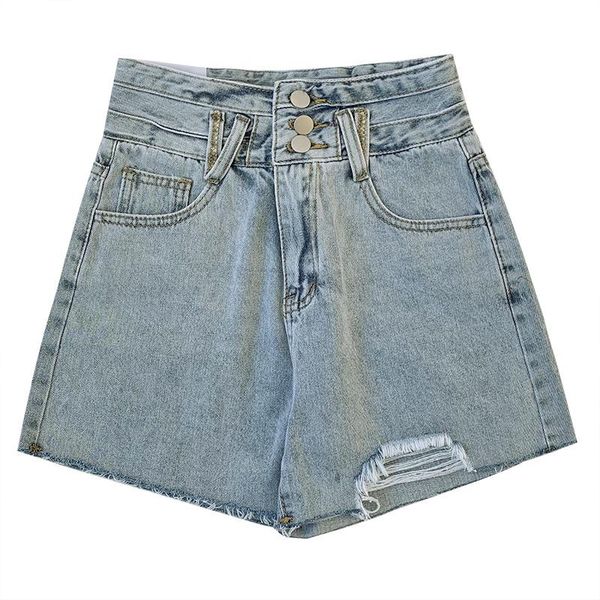 

women's jeans light blue summer high waist button edges and holes loose wide-leg denim shorts