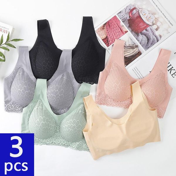 

bras 3pcs plus size women seamless wire bra lace soft lingerie push up bralette underwear with pad vest top, Red;black