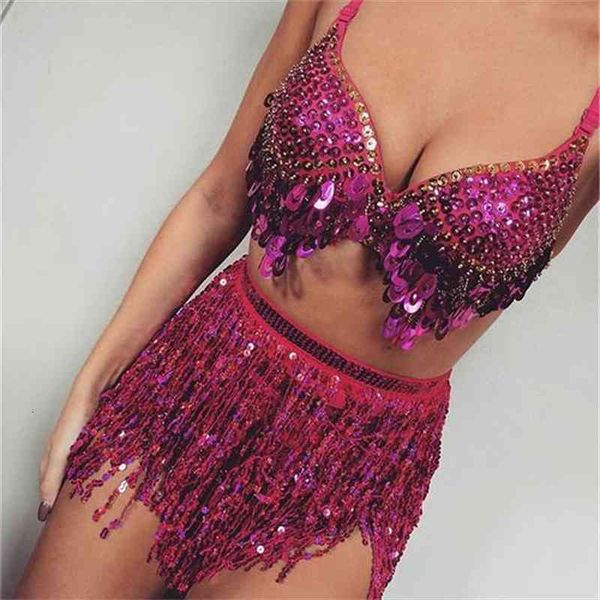 

belly dance latin sequin womens skirts halter bra belt hip set party costume tassel temptation stage performance, Black