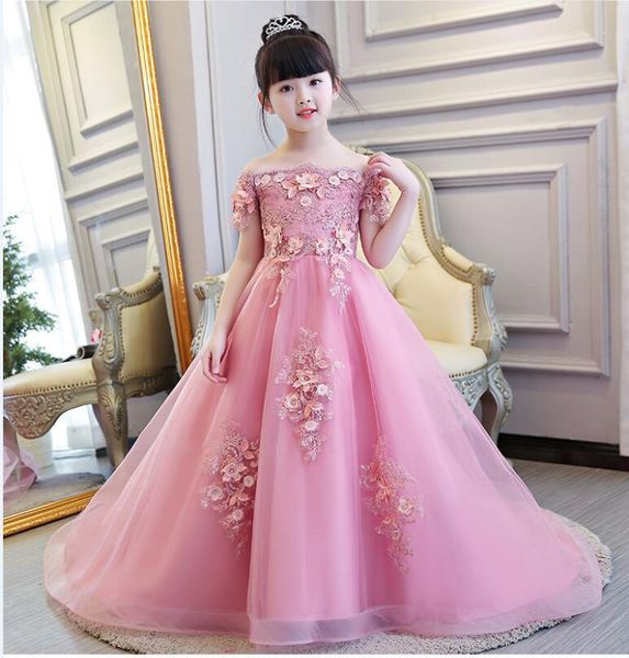 

girl's dresses glizt appliques flower girl wedding long trailing graduation party princess birthday dress kids first communion gowns, Red;yellow
