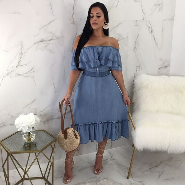 

women off shoulder denim dress summer chic chest wrap layer ruffles female casual blue beach party midi jean dresses 210416, Black;gray