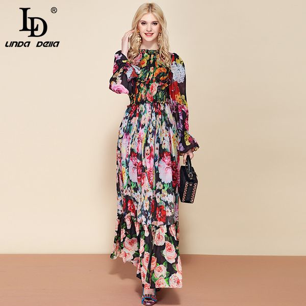 

2021ld linda della fashion runway summer long sleeve maxi dress womens elastic waist floral print elegant party holiday long dress, Black;gray