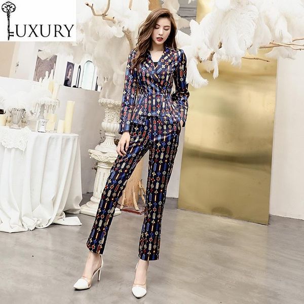 

women's autumn set female beading print blazer suit+skinny pants sets ladies casual work suits 2 pcs two piece, White