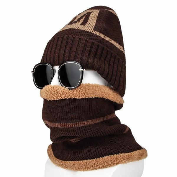 

hats, scarves & gloves sets 2pcs set men winter hats scarf warm fleece letter knitted caps ring male outdoor ski snow cycling accessories, Blue;gray
