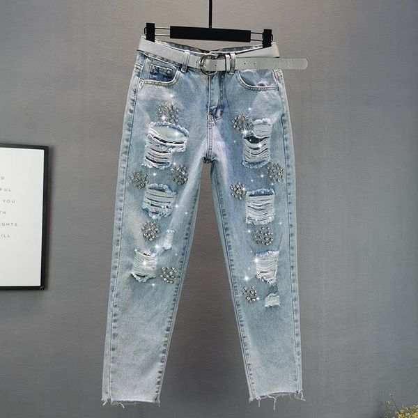 

female vintage thin straight jeans women's fashion summer european diamond loose ripped hole ankle-length denim chimney pants, Blue