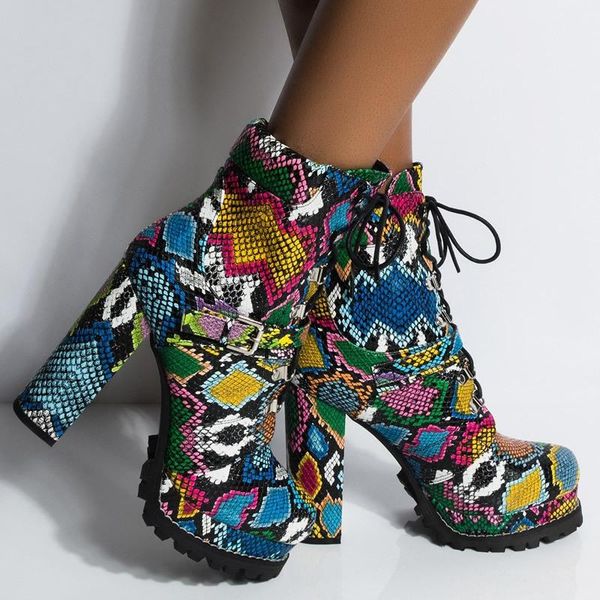

boots flower snake pattern women's waterproof platform short high heel middle thick, Black