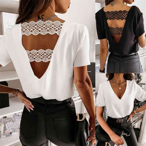 Seksi Backless Kadın T-shirt Yaz Dantel Patchwork Kısa Kollu Rahat Parti Tişörtleri Zarif V Boyun Ofis Bayan Gevşek Beyaz Tops 210522