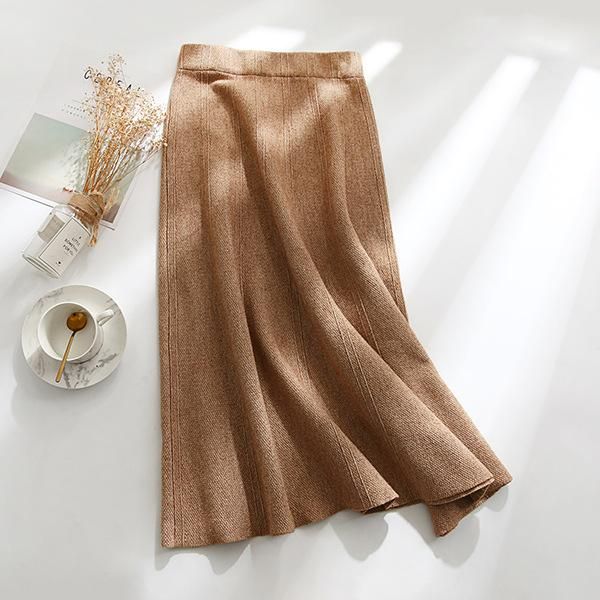

skirts 2022 knitting winter stretch vintage high waist women skirt camel faldas jupe femme saia, Black