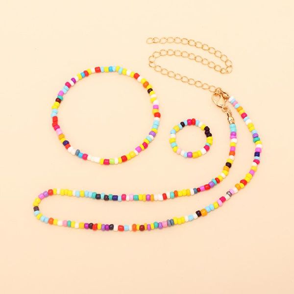

earrings & necklace colorful rice bead set for women girls fashion bohemian ethnic handmade bracelet ring clavicle jewelry gift, Silver