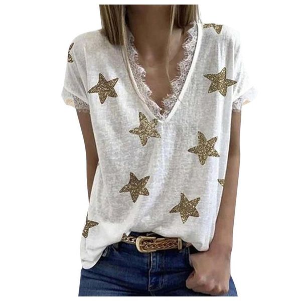 

casual five-pointed star print women t-shirts loose lace splice short sleeve ladies clothing deep v-neck shirt summer tee women's t-shi, White