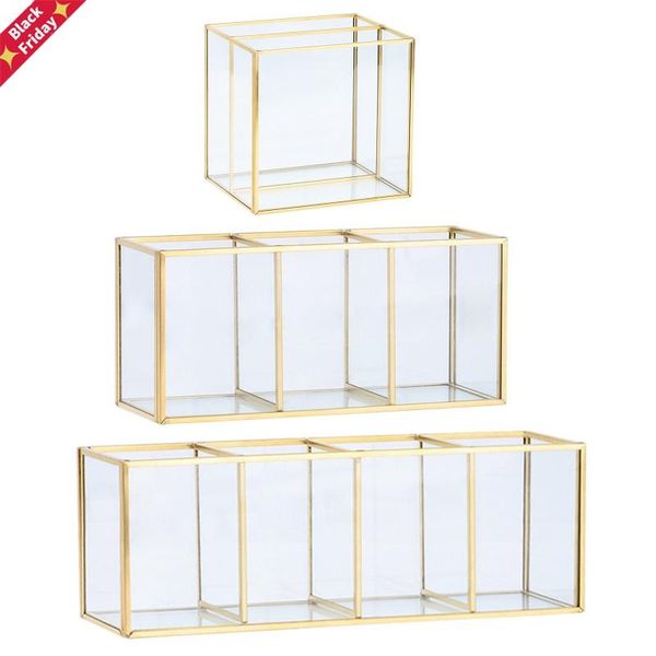 

gold glass makeup brush holder storage container ring earring clear boxes & bins
