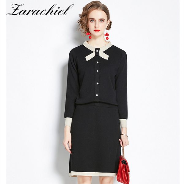 

office ladies knit suit women's bow collar long sleeve button sweater + a-line skirt casual 2pcs knitting suits all-matching 210416, White