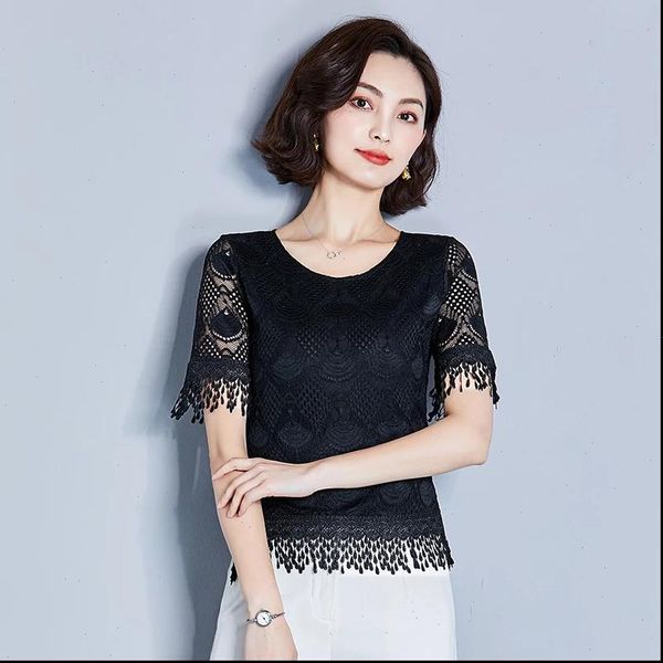

5xl womens shirts plus size lace fashion short sleeve summer elegant slim tassel shirt women blouses df2613, White