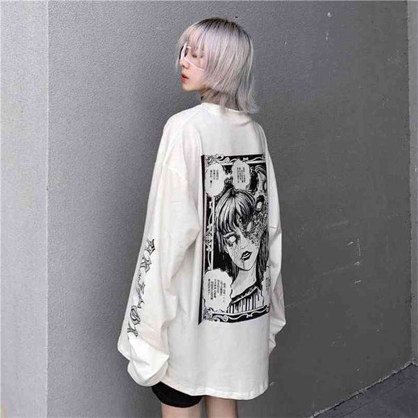 Gótico desenhos animados horror gráfico t-shirt mulheres personagem impressão solta punk japonês camiseta pulôver top harajuku rua camisa 210401