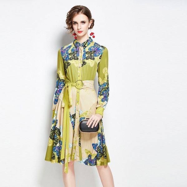 

autumn fashion floral print fruit green women dress long sleeve lace-up party dress with belt, Black;gray