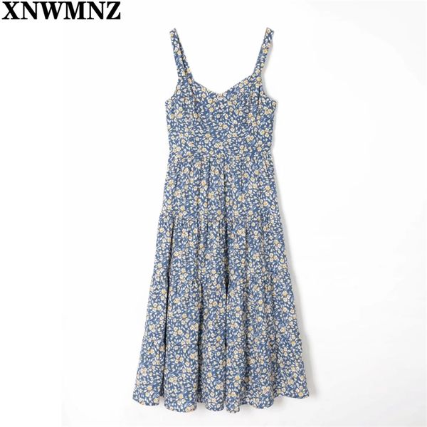 

vintage blue floral print chiffon midi dress woman france tank vestido fashion summer women dresses women's robe 210520, Black;gray