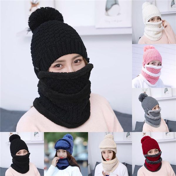 

beanie/skull caps brand beanies hat women sets 3 knit skullies hats with bib mask female winter velvet thick warm knitted wool cycling, Blue;gray