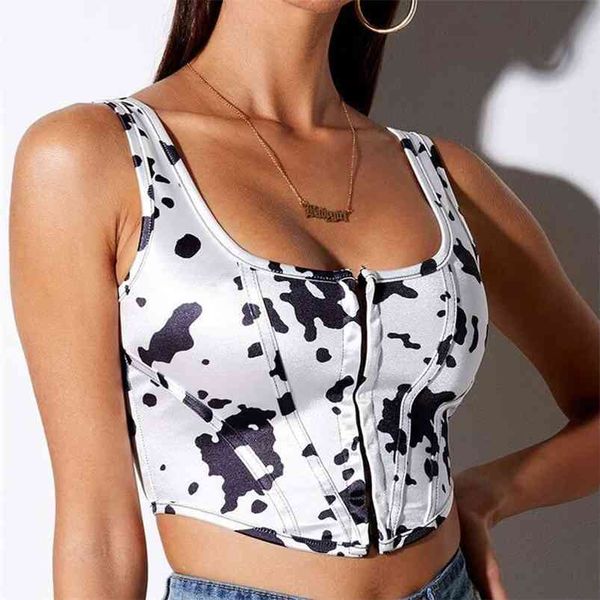 

women summer short camis tank sleeveless zip cows print female fashion street clothing 210513, White
