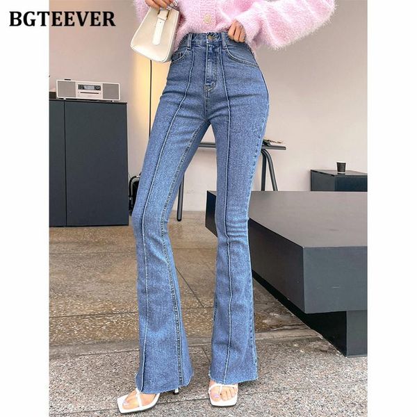 

women's jeans bgteever vintage chic high waist button ladies flare trousers 2021 summer autumn streetwear tassels female denim pants, Blue