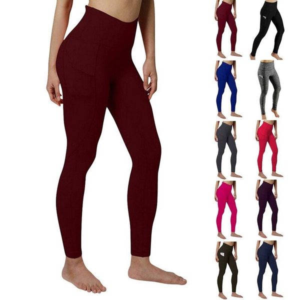 

yoga outfit sports gym long pants ladies solid color high waist fitness hip lifting side pocket running dropship