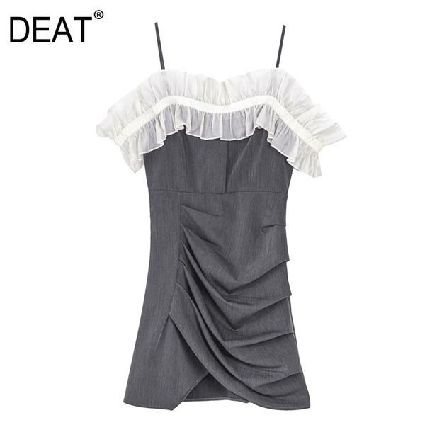 

[deat] summer new fashion tide gray slash neck high waist sleeveless sling folds strapless splicing dress women 13q076 210430, Black;gray