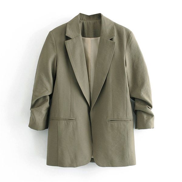 BLSQR Exército Verde Blazer para Mulheres Outono Rolo De Rolo Casacos Senhoras Terno Formal Girls use Khaki Top 210430