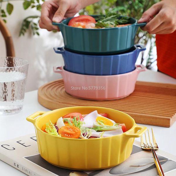 

striped baking bowl creative matte color glaze double ear ceramic nordic simple salad home anti-scalding noodle bowls