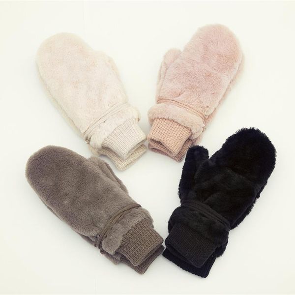 

five fingers gloves fashion solid winter women warm dehair angora inside coral fleece thick mittens for female hanging rope femme, Blue;gray
