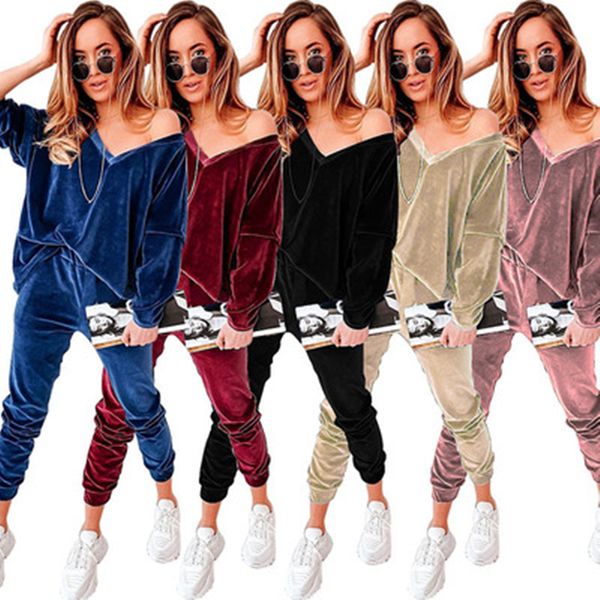 Damen Golden Velvet Trainingsanzüge Neue Mode Lose V-Ausschnitt Tops Hosen Casual Outfits Designer Weibliche Winter Velvets Pyjama Zweiteilige Sets