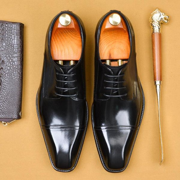 

dress shoes classic man wedding banquet genuine leather formal oxfords square toe laces men's cap welted flats ss623, Black