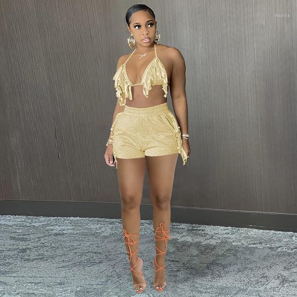 

women's tracksuits 2021 fashion summer nightclub casual solid tassel straight shorts 2pcs set, Gray